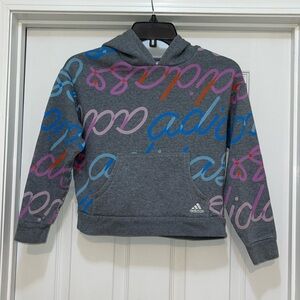 Adidas - youth girls hooded sweatshirt - gray with colorful adidas script- S